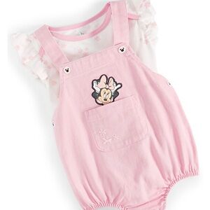 Baby Girls Minnie Mouse Bodysuit & Woven Denim Shortall, 2 Piece Set